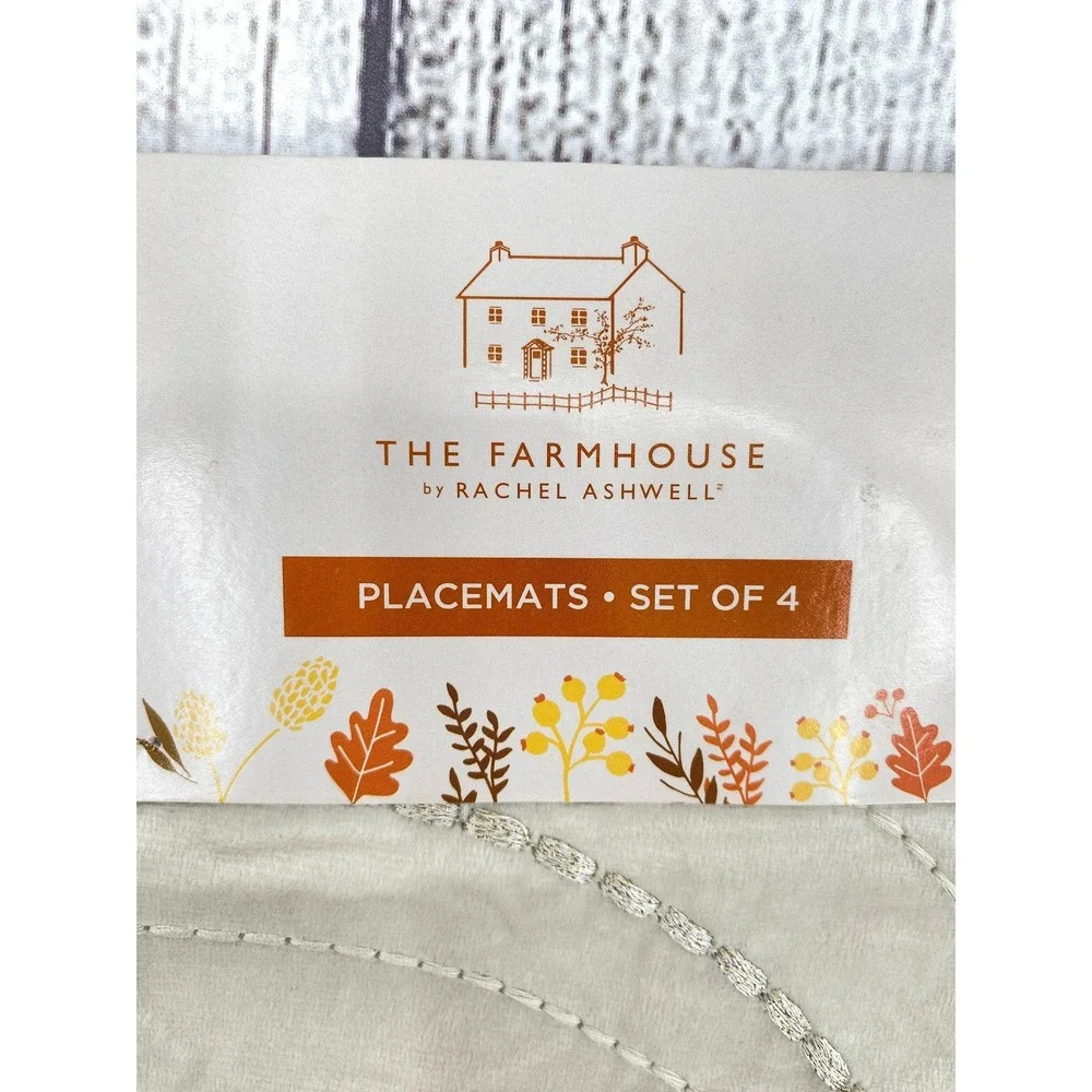 The Farmhouse Rachel Ashwell Pumpkin Placemats (4) Cream Gold Embroidery Autumn